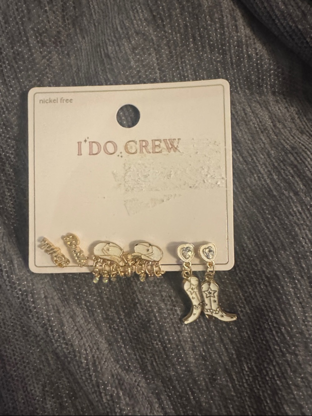 WEDDING- “I do crew” Cowboy Boot & Hat Stud Earring Trio - White Enamel Accents